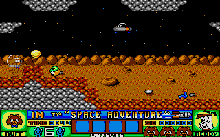 Ruff and Reddy in the Space Adventure (Atari ST) screenshot: Along from the first screen - the yellow blob is a bonus item