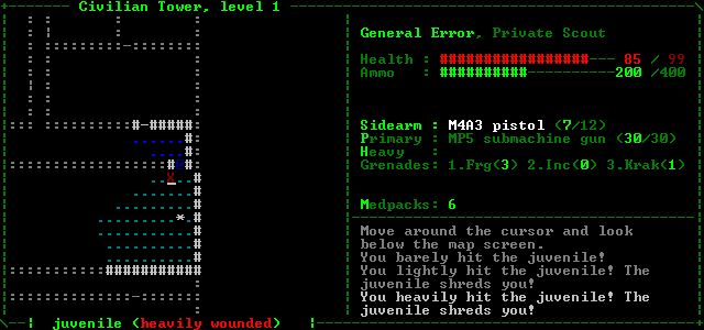 Aliens: Roguelike (Windows) screenshot: The first fight... It's only a juvenile, but they shouldn't be underestimated.