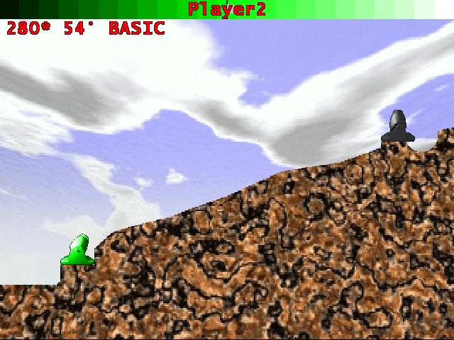 Mortar (Atari ST) screenshot: A shot has two parameters: it's strength and the angle of the cannon. A third uncontrollable parameter is the wind