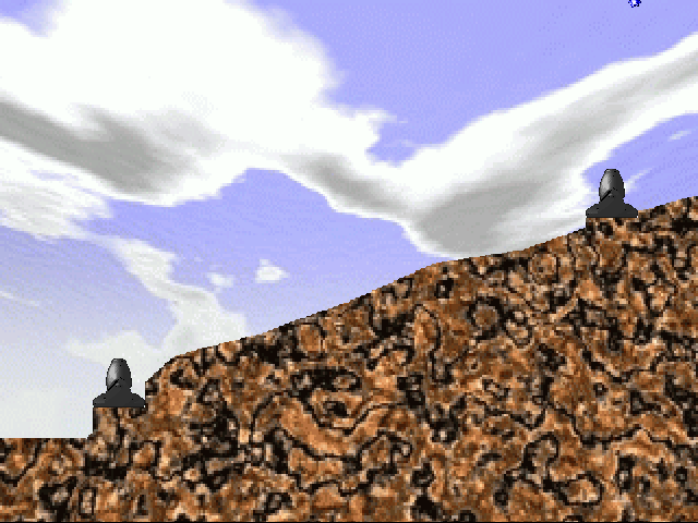 Mortar (Atari ST) screenshot: The landscape is randomly generated. Two mortars. The wind. Let's go!