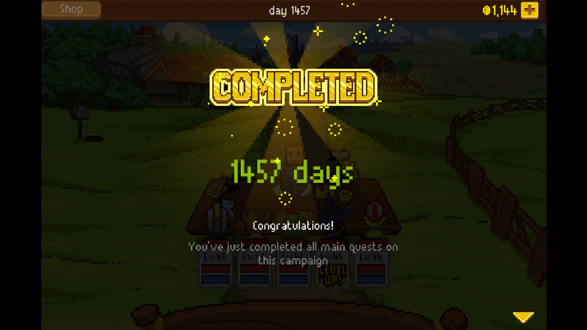 Knights of Pen & Paper + 1 Edition (Android) screenshot: The game tracks how many in-game days it took the player to beat it