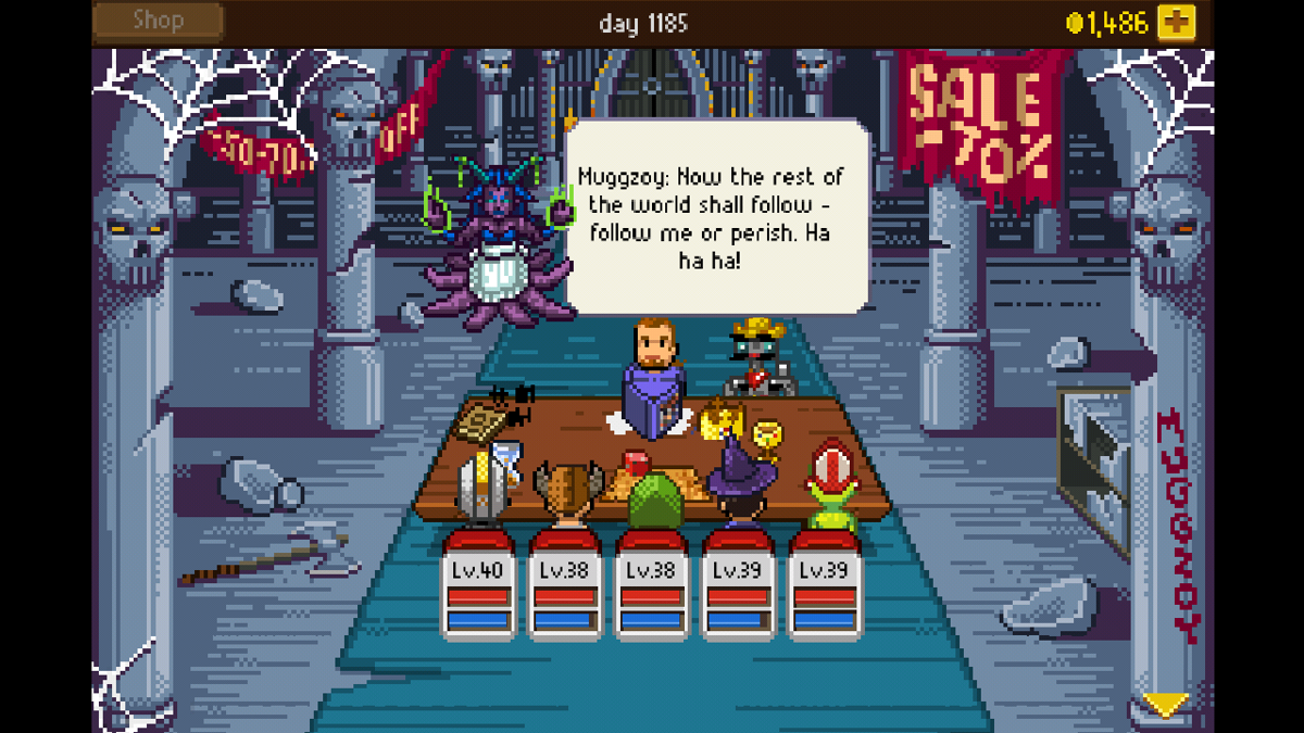 Knights of Pen & Paper + 1 Edition (Android) screenshot: Muggzoy with typical villain chatter (Haunted Fall)