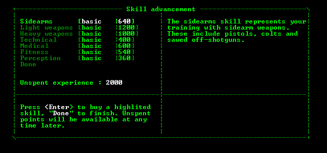 Aliens: Roguelike (Windows) screenshot: Last step before beginning: Improve your skills. Choose wisely!