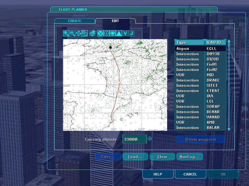 Trident (Windows) screenshot: Pre-loaded flightplan, from EGLL, a short hop over the channel, bypassing France B-space and then into Spain for LEAL arrival.