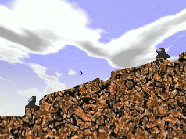 Mortar (Atari ST) screenshot: Player 1 is trying to shoot very low. I first crate in the middle shows the first attempts were not too successful