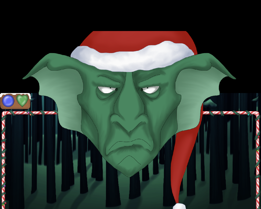 A Goblin's Xmas Tale (Windows) screenshot: When the screen changes, this goblin face moves in the out of the screen.