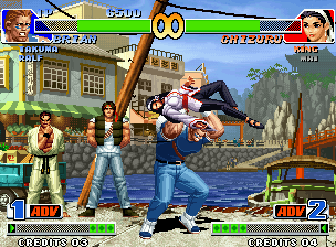The King of Fighters '98: The Slugfest (Neo Geo) screenshot: Brian Battler was fast to grab-stop Chizuru Kagura's attack at time! Now, it's time to "finish" her!