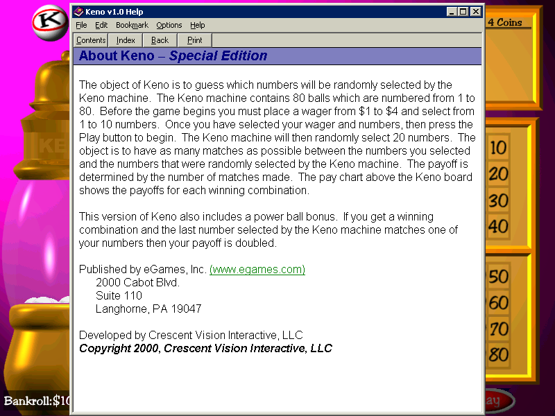 Keno (Windows) screenshot: Pressing F1 brings up the game configuration options where the help files is found
