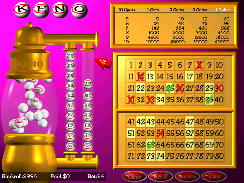 Keno (Windows) screenshot: Having put their numbers on the cards the game kicks in and selects a different set