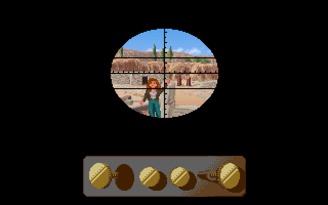Indiana Jones and the Fate of Atlantis (FM Towns) screenshot: In Crete, seeing Sophia through the surveyor's instrument (Team path)