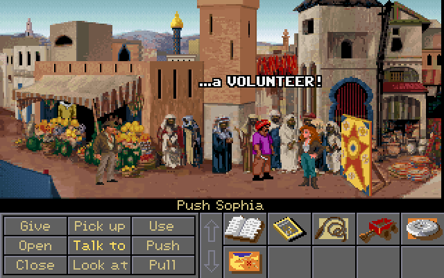 Indiana Jones and the Fate of Atlantis (FM Towns) screenshot: In Algiers (Team path), all it takes is a little push...