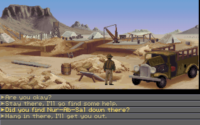 Indiana Jones and the Fate of Atlantis (FM Towns) screenshot: Talking to a pissed off Sophia who fell in a hole at a nazi digsite (Team path)