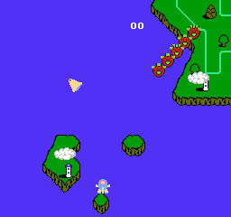 TwinBee (NES) screenshot: Shooting a cloud releases a bell