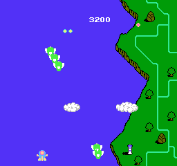 TwinBee (NES) screenshot: Shooting double shots after a bell power-up