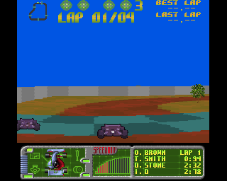 Wheels on Fire (Amiga) screenshot: Rounding a curve