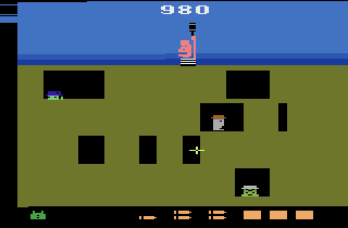 Gangster Alley (Atari 2600) screenshot: Shoot the gangster before they shoot you or throw their grenade. Don't shoot innocents.