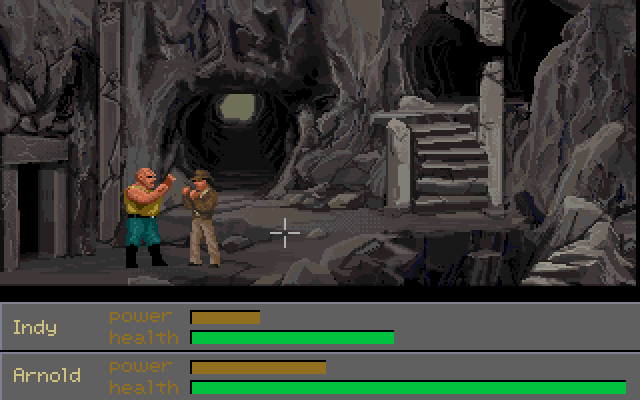 Indiana Jones and the Fate of Atlantis (FM Towns) screenshot: A fight with Arnold in the labyrinth (Fist path), by far the most difficult fight in the game