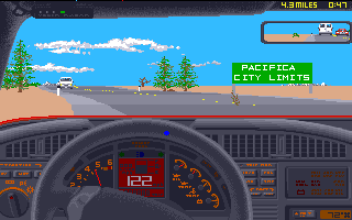Test Drive II Scenery Disk: California Challenge (Amiga) screenshot: Arriving at Pacifica city limit