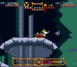 The Magical Quest Starring Mickey Mouse (SNES) screenshot: Using the turban to activate the flying carpet.