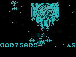 Hades Nebula (ZX Spectrum) screenshot: Boss of 9 level. Before battle with him in late 9th level you necessary to defeat all bosses of previous levels.