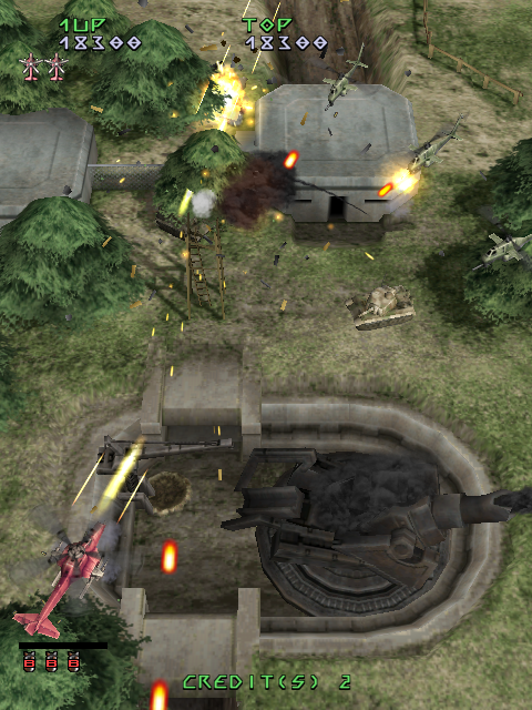 Under Defeat (Dreamcast) screenshot: A lot of the ground structures are fully destructible.