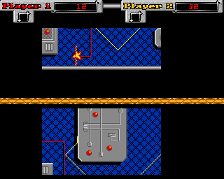 Atron 5000 (Amiga) screenshot: The W powerup constructs a wall in front of enemy