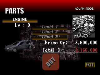 ADVAN Racing (PlayStation) screenshot: Trying to buy "Parts". I need to make $ first.