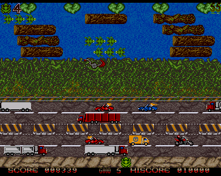 Toado (Amiga) screenshot: The second level, complete with trucks lawn movers and swimming turtles. A little bit more hectic.