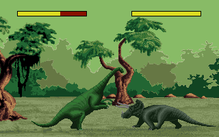 Dino Wars (Amiga) screenshot: Will the Brontosaurus survive this fight?
