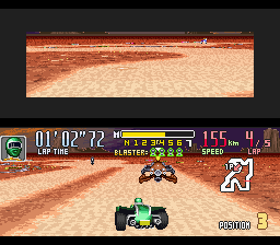 Saban's Power Rangers Zeo: Battle Racers (SNES) screenshot: Grand Canyon 2 - Cog Soldier attempting to stay as far as possible of Green Ranger's action zone.
