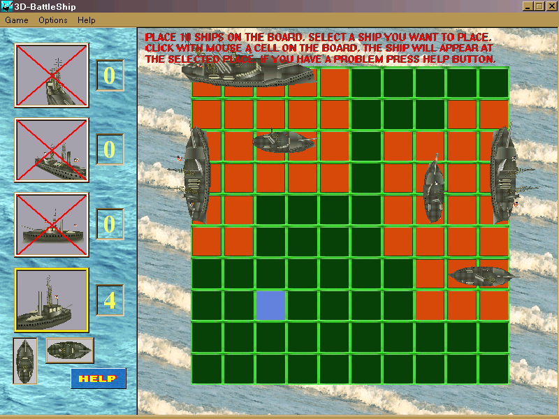 3D-BattleShip (Windows) screenshot: Setting up your fleet. The game forces the screen into a 800x600 resolution.