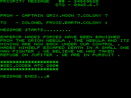 Hades Nebula (ZX Spectrum) screenshot: Report to command.