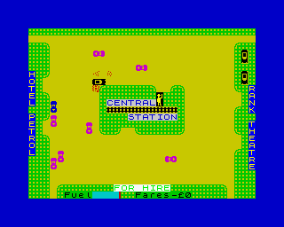 Taxi! (ZX Spectrum) screenshot: Car Accident:<br> The taxi as much as all the traffic, drives in circles making the curves very tight.