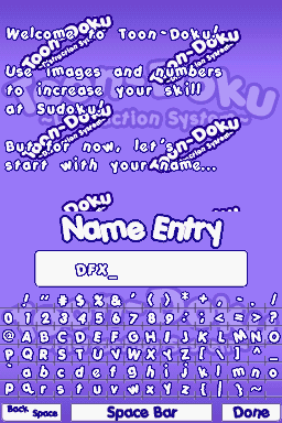 Toon-Doku (Nintendo DS) screenshot: Name entry screen. Unlike most DS games Toondoku doesn't bother to read the name of your DS system.