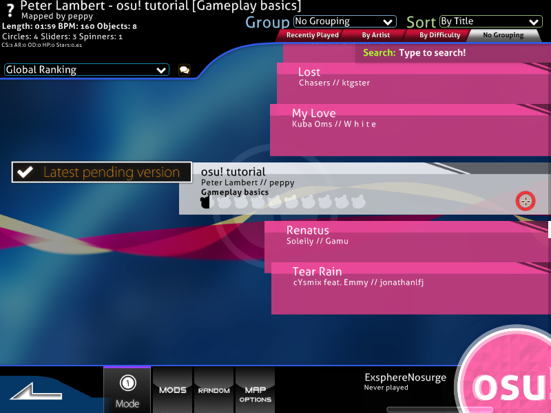 osu! (Windows) screenshot: The song select has a tutorial level ready for me.