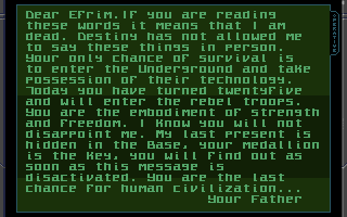 Black Viper (Amiga) screenshot: You discover a message from your dead father
