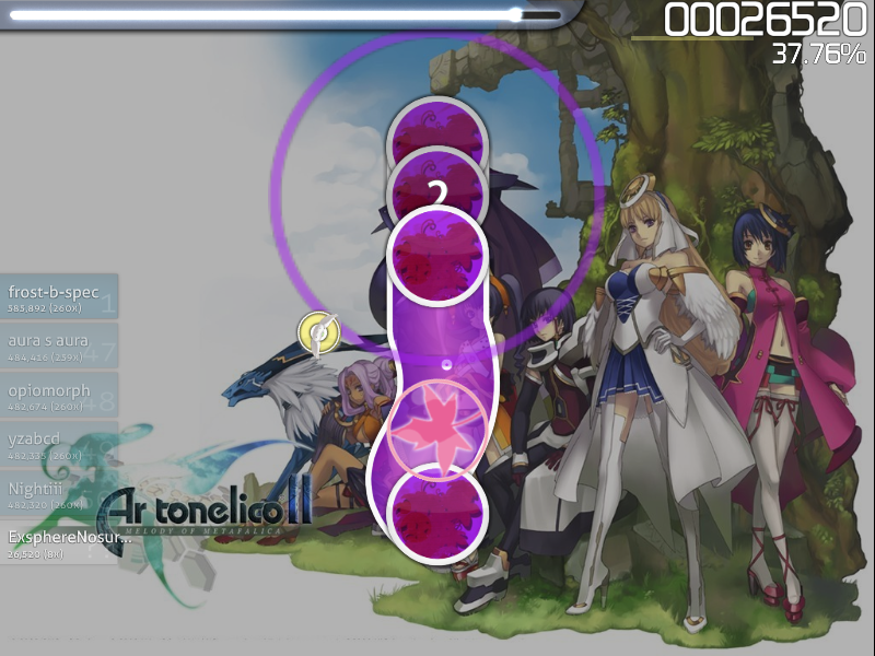 osu! (Windows) screenshot: I installed an <moby game="Ar tonelico II: Melody of Metafalica">Ar tonelico</moby>-related beatmap and am doing unexpectedly poorly at it.