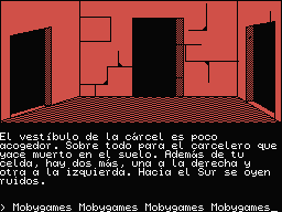 Jabato (MSX) screenshot: Prison cell doors, with the jailer corpse laying on the floor.