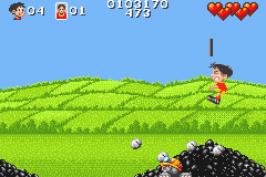 Soccer Kid (Game Boy Advance) screenshot: Beware there are moles hiding in the coal