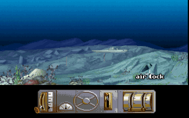 Indiana Jones and the Fate of Atlantis (FM Towns) screenshot: Trying to maneuver the submarine into the air lock (Team path), notice the sub controls are only in 16 colors in this version