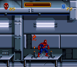 Spider-Man (SNES) screenshot: Our hero is avoiding deadly flames..