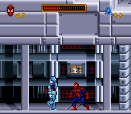 Spider-Man (SNES) screenshot: Spider-Man Is caught between a moving wall and a cyborg