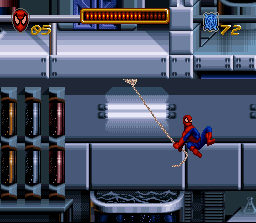 Spider-Man (SNES) screenshot: Swinging....yay!