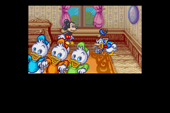 Disney's Magical Quest 3 starring Mickey & Donald (Game Boy Advance) screenshot: Intro: Huey, Dewey & Louie plays another prank on their uncle Donald Duck which sets him off on a crazy rampage. The three quickly sneaks away.