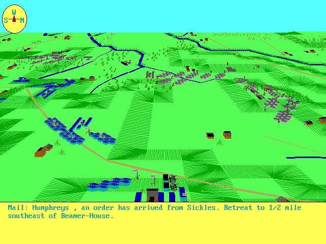 Gettysburg (DOS) screenshot: Union and Condererate troops closing. Note the artillery group at center bottom. Firing a gun shows a simulated smokepuff, no sound is implemented in the PC version.