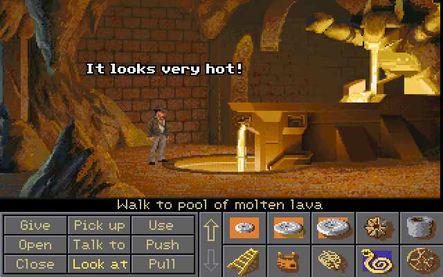 Indiana Jones and the Fate of Atlantis (FM Towns) screenshot: Atlantis lava room, notice in this version the interface is in a different color (grey) than the other versions, also the inventory icons are in EGA (16 colors)