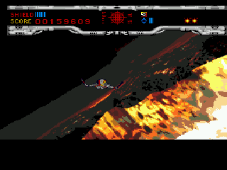 Novastorm (SEGA CD) screenshot: Circling a volcanic crater.
