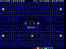 Pac-Man (ZX Spectrum) screenshot: Get ready! The transformation balls have zero effect on ghosts, and by now they are coordinating cornering strategies among each other.