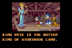 Disney's Magical Quest 3 starring Mickey & Donald (Game Boy Advance) screenshot: Intro: Suddenly the Guardian of the book appears and tells them Donald's nephews has been captured by King Pete into Storybook Land.
