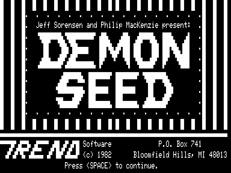 Demon Seed (TRS-80) screenshot: Title screen